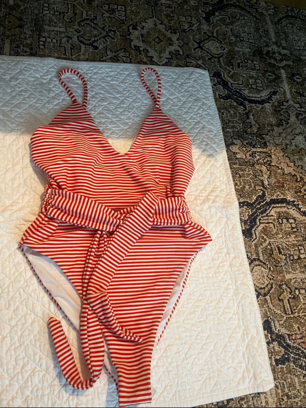 Red and White Striped One-Piece Swimsuit with Waist Tie Mara Hoffman - Picture 2 of 6
